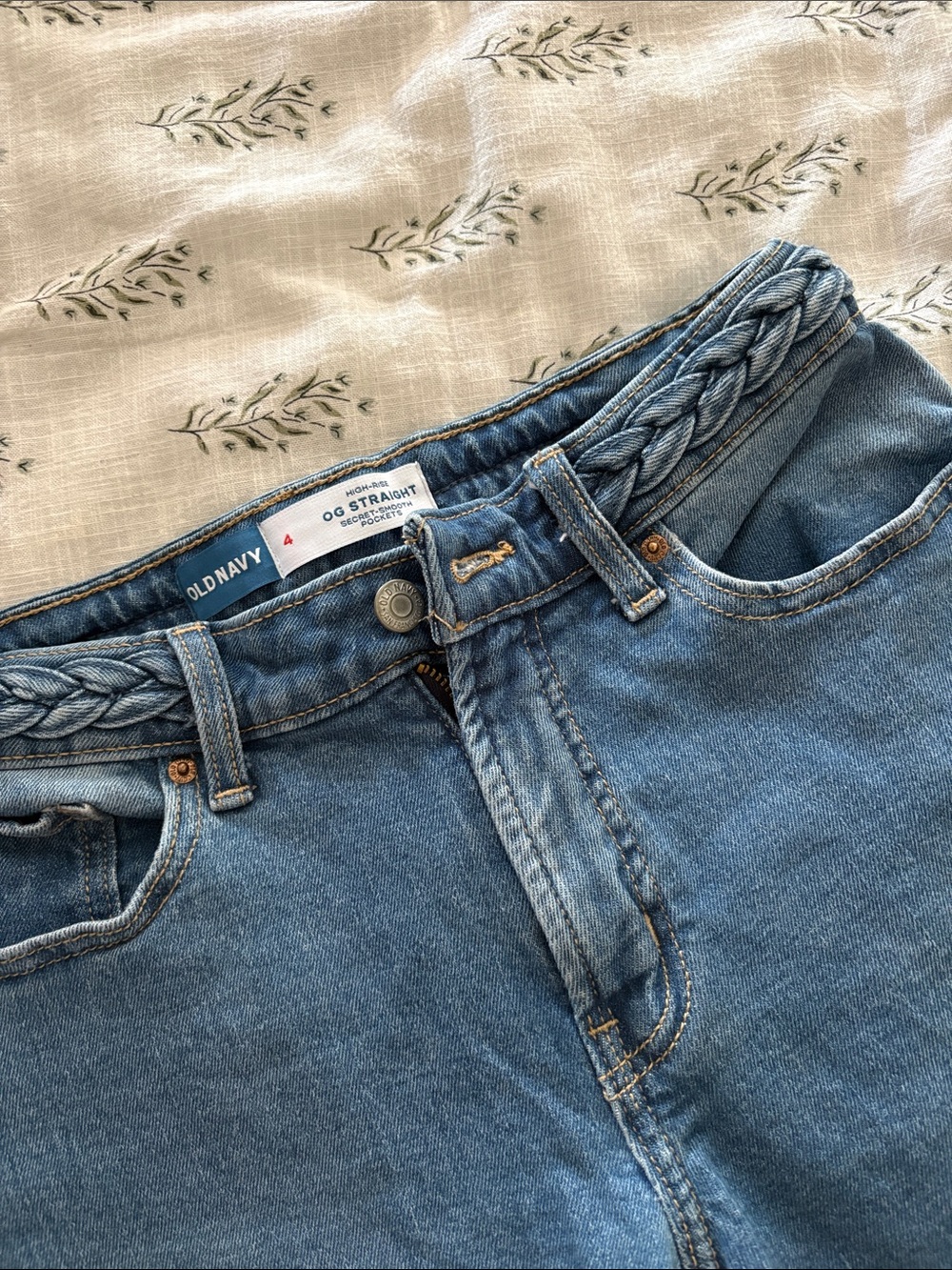 Old Navy Blue High Rise OG Straight Jeans with Braided Waistband